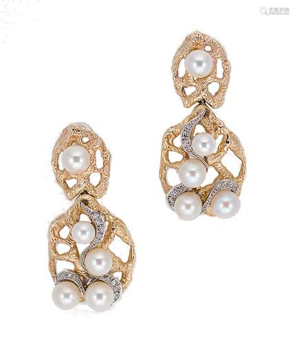 A pair of cultured pearl and diamond set ear pendants,