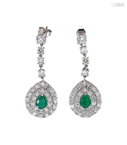 A pair of emerald and diamond cluster ear pendants,