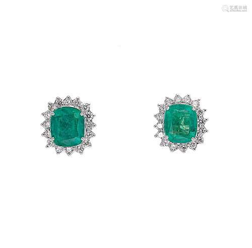 A pair of emerald and diamond cluster ear studs,