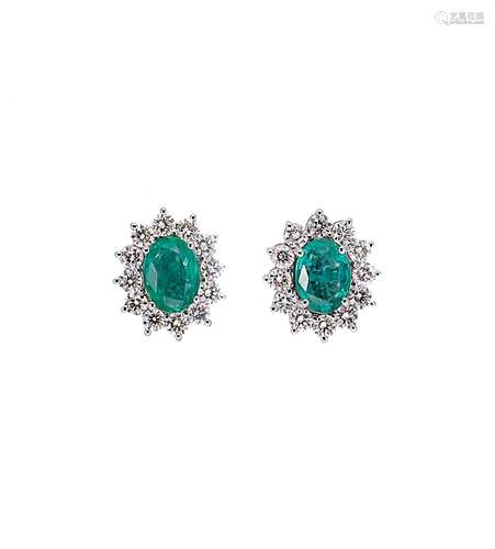 A pair of emerald and diamond cluster ear studs,