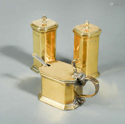 A George V silver gilt three-piece condiment set,