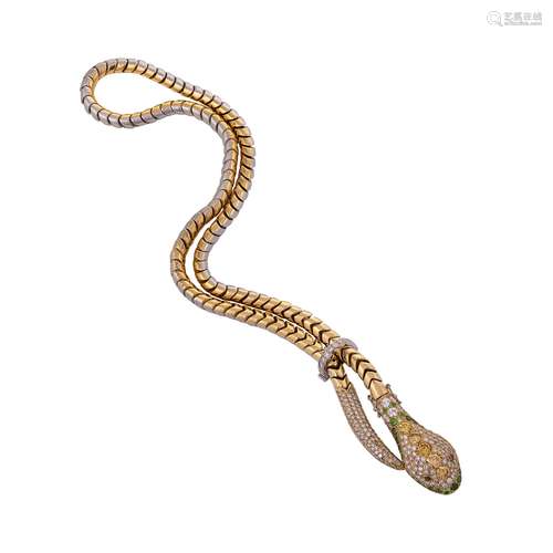 A modern 'snake' style lariat, set with green garnet, white ...