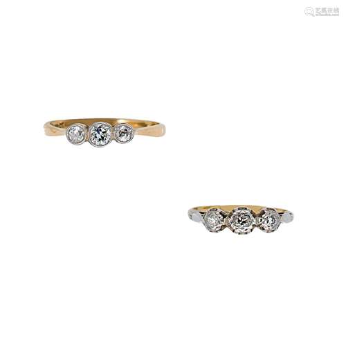 Two diamond three stone rings,