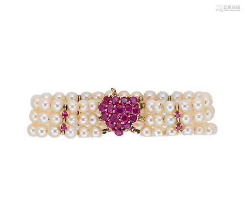 A cultured pearl and ruby bracelet,