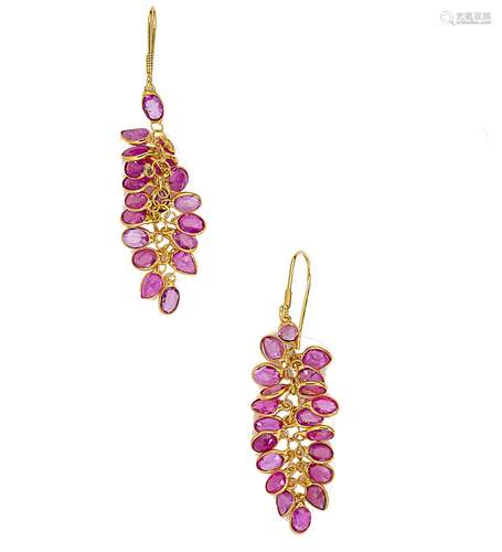 A pair of pink sapphire ear pendants,