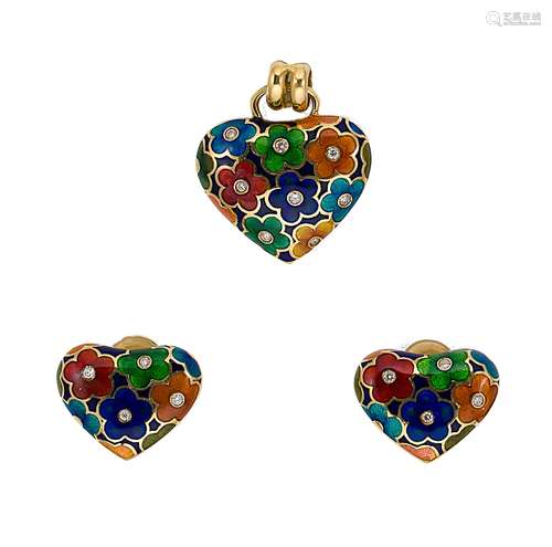 An enamel and diamond pendant and ear studs en suite,