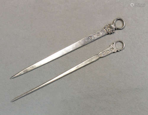 Two George III 18th century silver meat skewers,