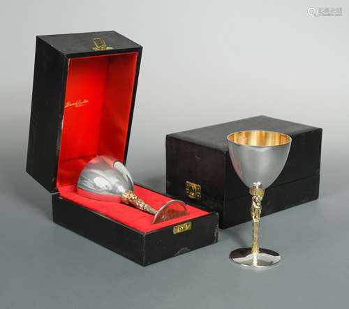 A pair of 20th century parcel gilt silver wine goblets, mark...