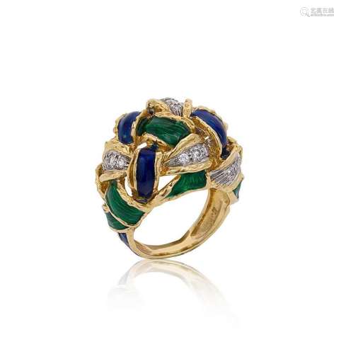 A late 20th century diamond and enamel cocktail ring, mark o...