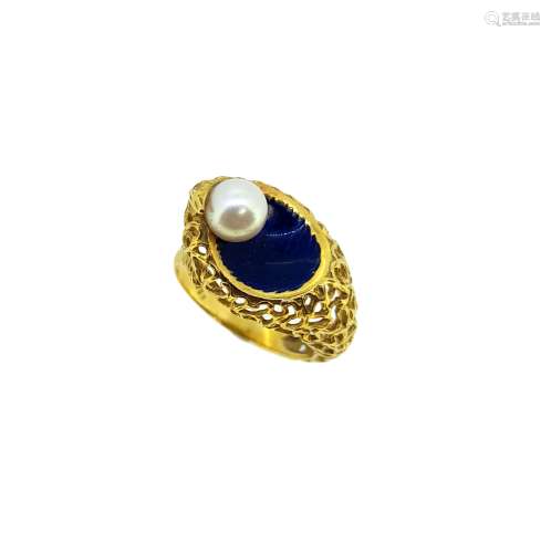 A modern enamel and pearl ring,