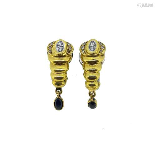 A pair of diamond and sapphire ear pendants,