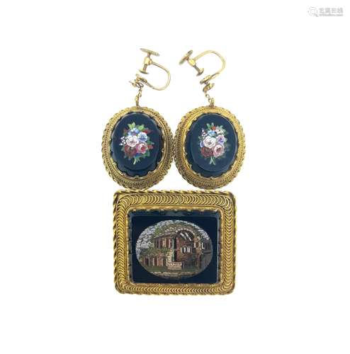 A 19th Century micro mosaic brooch and ear pendants en suite...