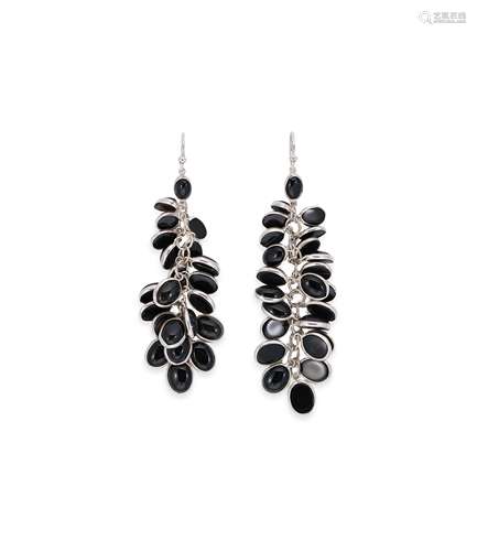 A pair of onyx waterfall ear pendants,