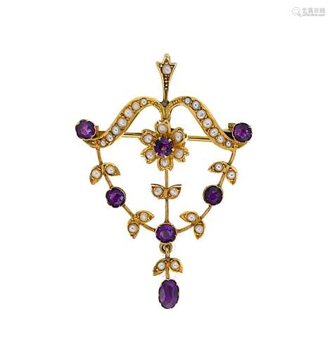 An Edwardian amethyst and seed pearl pendant/brooch,