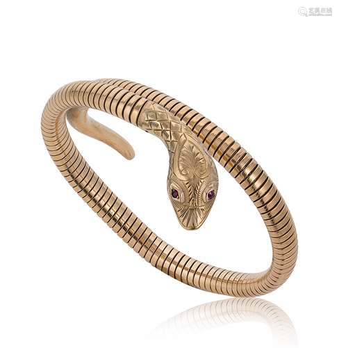 A mid-20th century 9ct gold flexible sprung snake bangle, ma...