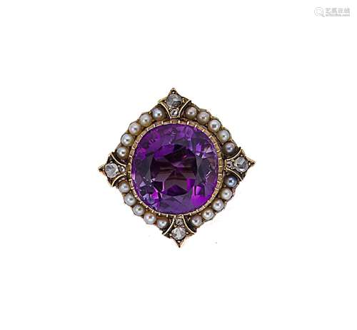 A Victorian amethyst, seed pearl and diamond brooch,