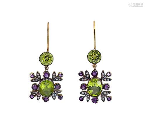 A pair of amethyst, peridot and diamond ear pendants,