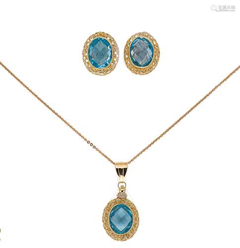 A blue topaz pendant and chain together with a pair of match...