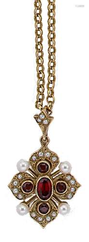 A garnet and pearl pendant and chain together with a pair of...