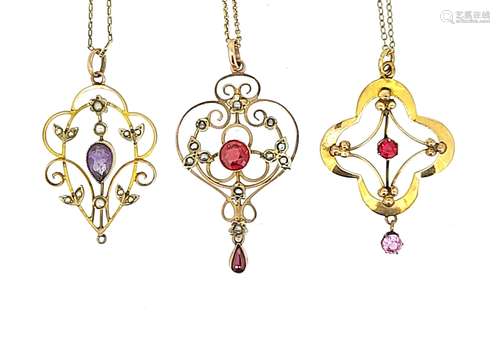 A trio of Edwardian gemset pendants,