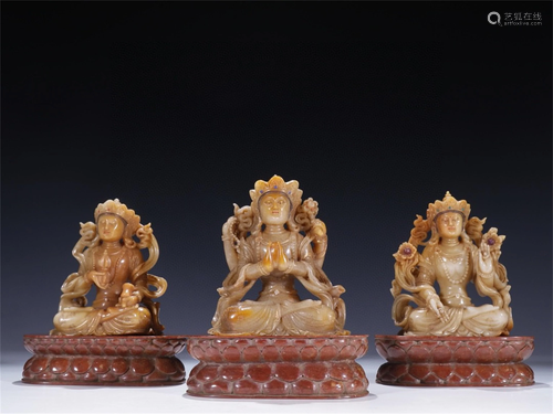 A Set of Chinese Carved Stone Figure of Buddha