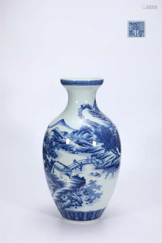 Blue and white landscape character radish bottle