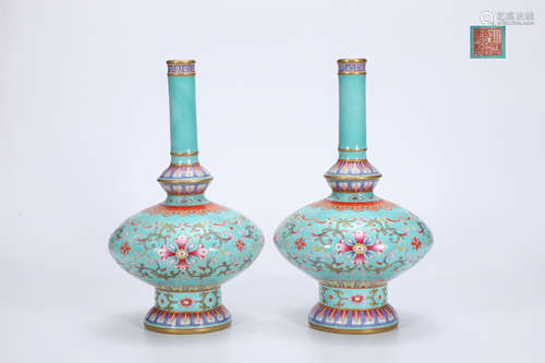 A pair of famille rose blue vases