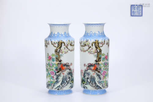 Enamel upper and lower blue flowers and birds inscribed poem...