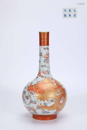 Famille rose with gold dragon pattern long neck bottle