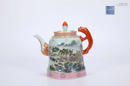 Poem teapot inscribed by pastel landscape figures