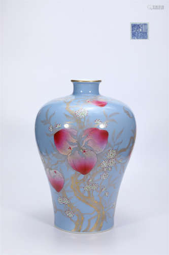 Sky Blue Glazed Golden Fushou Plum Vase