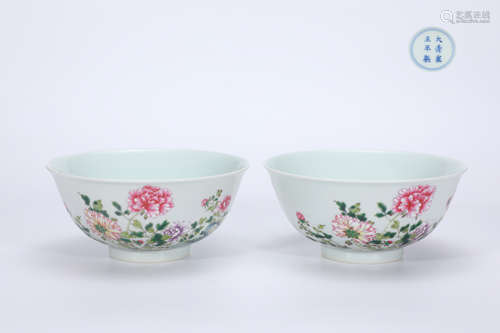 A pair of famille rose flower and insect poetry bowls