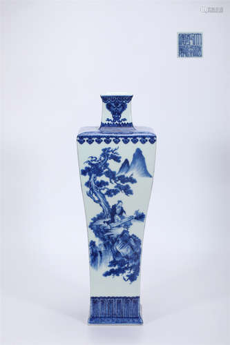 Blue and white landscape figure square bottle