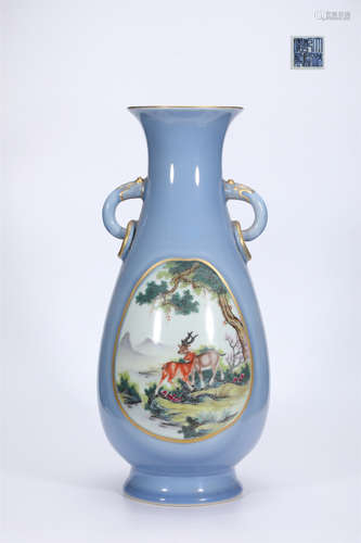 Sky blue glazed famille rose gold-painted amphora with anima...