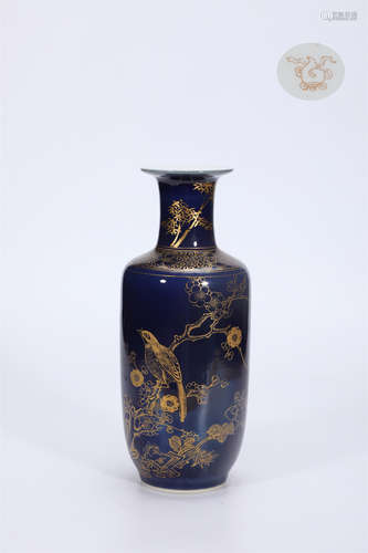 Season blue glazed gold flower and bird mallet vase