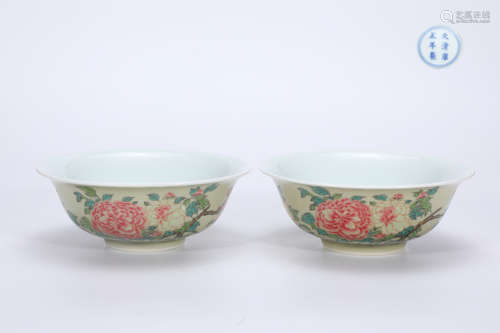 A pair of bucket celadon peony and butterfly bowls