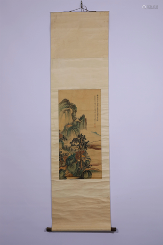 A CHINESE SCROLL PAINTING OF LANDSCAPE AND FIGURES