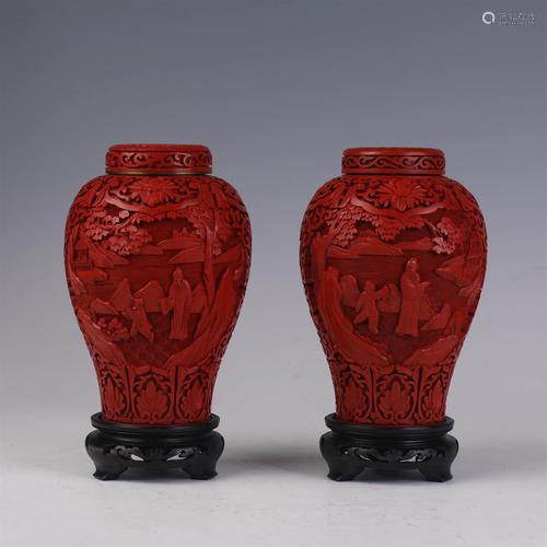 PAIR OF CHINESE CARVED RED LACQUER FIGURAL JARS