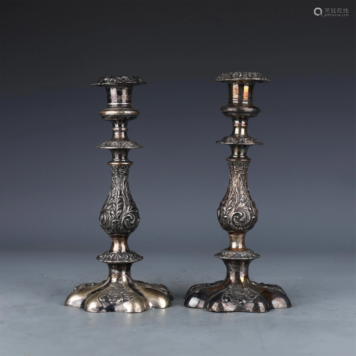 PAIR OF CHINESE INCISED SILVER CANDLE HOLDERS