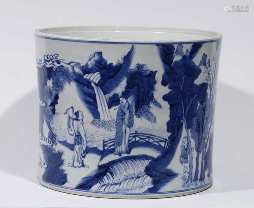 A CHINESE BLUE AND WHITE FIGURES STORY BRUSH-POT