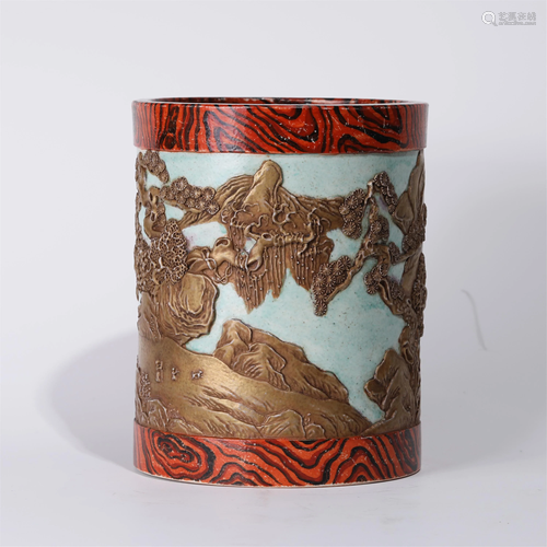 A CHINESE INCISED LANDSCAPE-AND-FIGURES BRUSH-POT