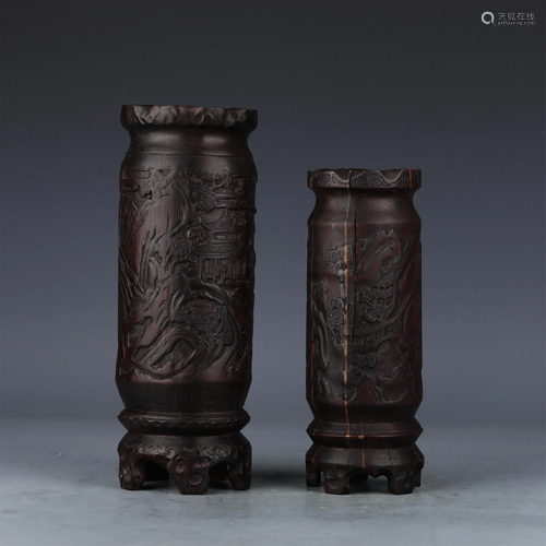 TWO BAMBOO CARVED INCENSE TUBES