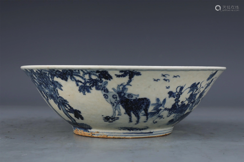 A CHINESE BLUE AND WHITE DEER BOWL