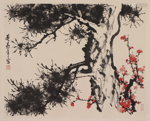 A CHINESE PAINTING OF PINE TREE AND PLUM BLOSSOMS