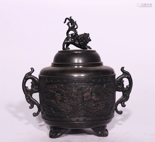 A CHINESE BRONZE TRIPOD CENSER WITH BEAST HANDLES