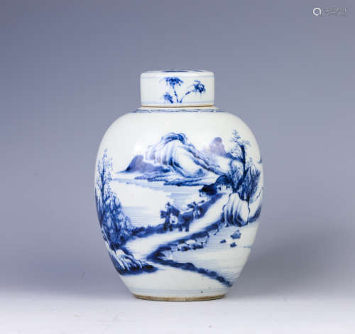 A blue and white 'landscape' jar and cover