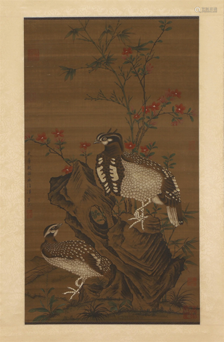 A CHINESE PAINTING OF FLOWERS AND BIRDS