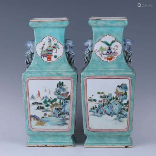 A pair of green glazed  famille-rose 'landscape' vase