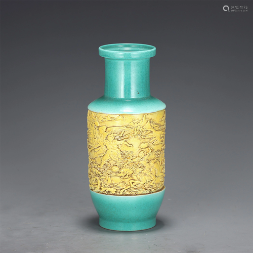 A GREEN AND YELLOW GLAZE INCISED FIGURES STORY VASE