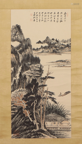 A CHINESE PAINTING OF LANDSCAPE AND FIGURES